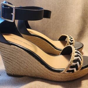 Christian Siriano Black White Leather  Open Toe Espadrille Wedge Sandals Size 11